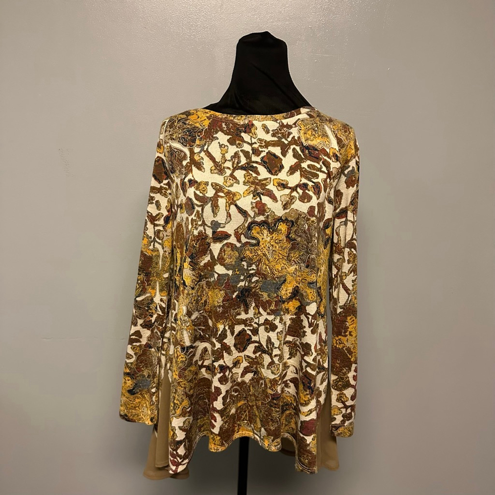 Women's JOHN MARK Floral Tunic Top Size small Brown Gold oversized